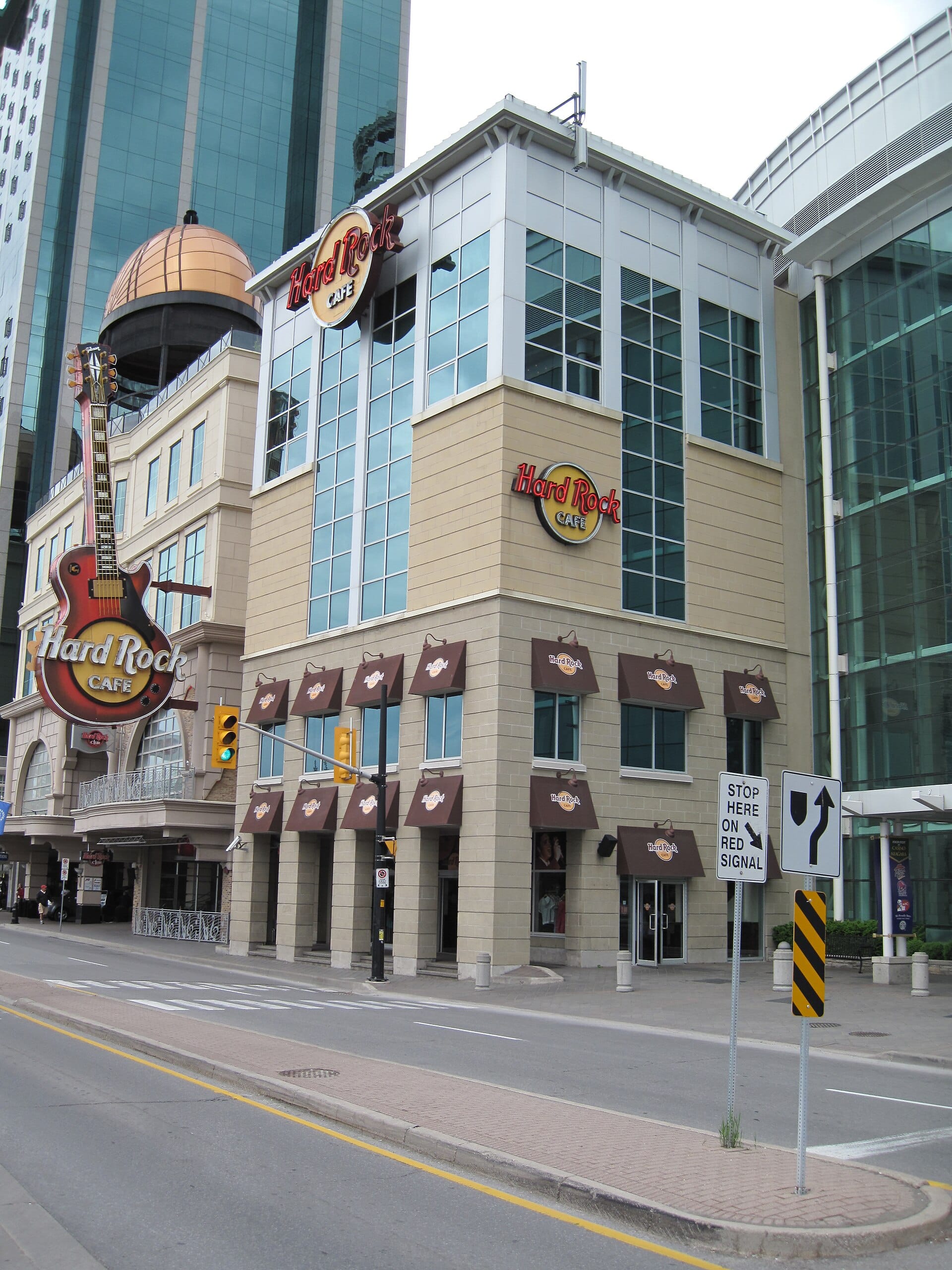 Hard Rock Cafe on Falls Avenue in Niagara Falls, with the guitar sign on the corner