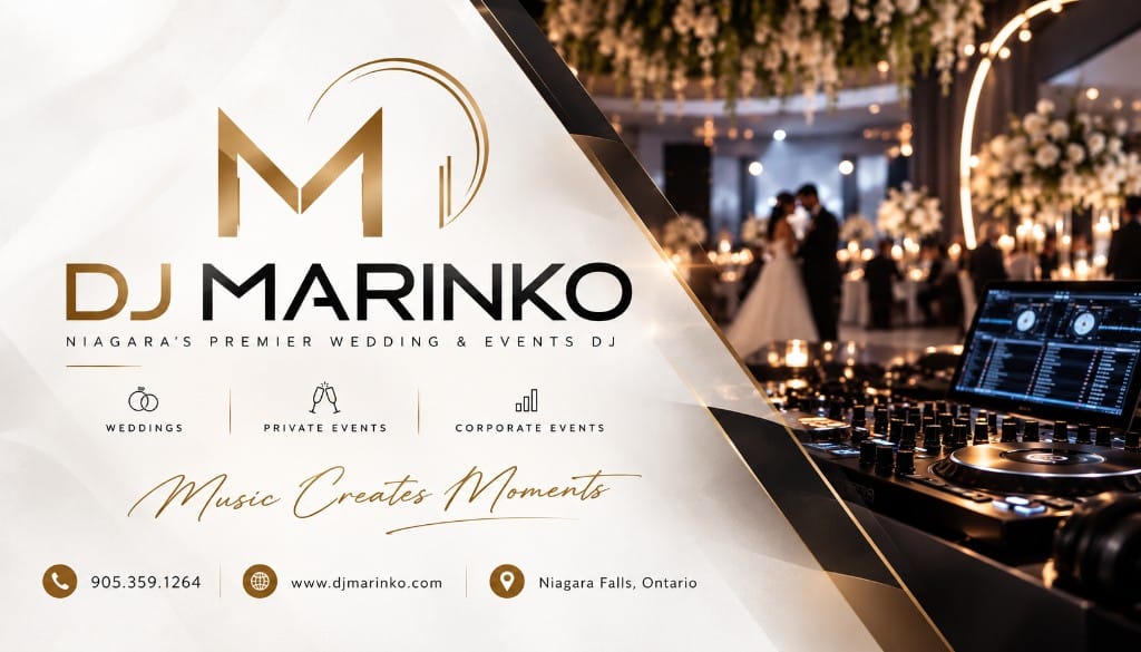 DJ Marinko card with a gold headphones mark, mixer and a couple on the dance floor