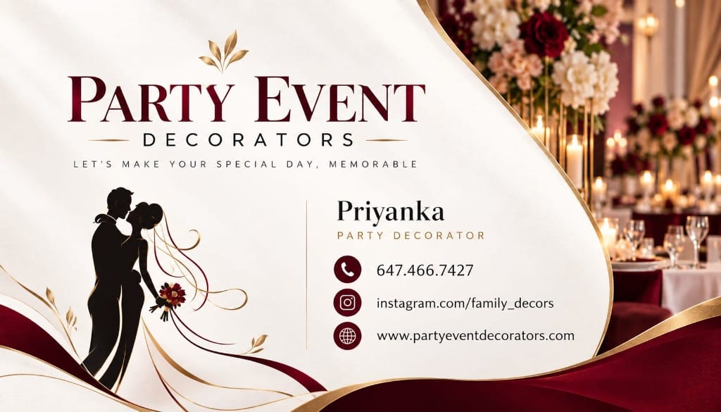 Party Event Decorators business card with event tables and a floral backdrop